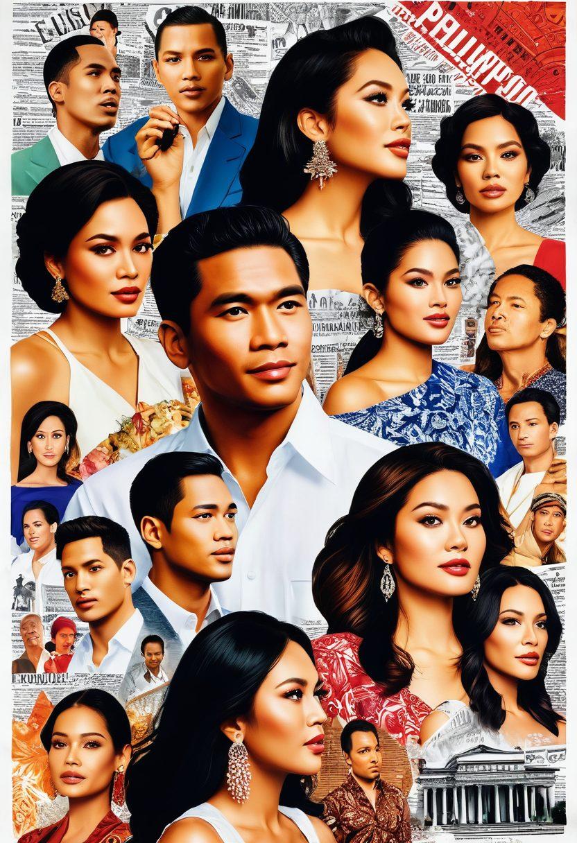 A dramatic collage showcasing vibrant Filipino culture with elements of celebrity lifestyle, scandalous headlines, and iconic landmarks. Include stylized, faceless silhouettes of celebrities surrounded by swirling headlines in bold fonts, and vivid colors symbolizing excitement and intrigue. The background should incorporate patterns inspired by traditional Filipino design to add cultural depth. A touch of glamour with sparkling effects to enhance the allure of celebrity culture. super-realistic. vibrant colors. white background.