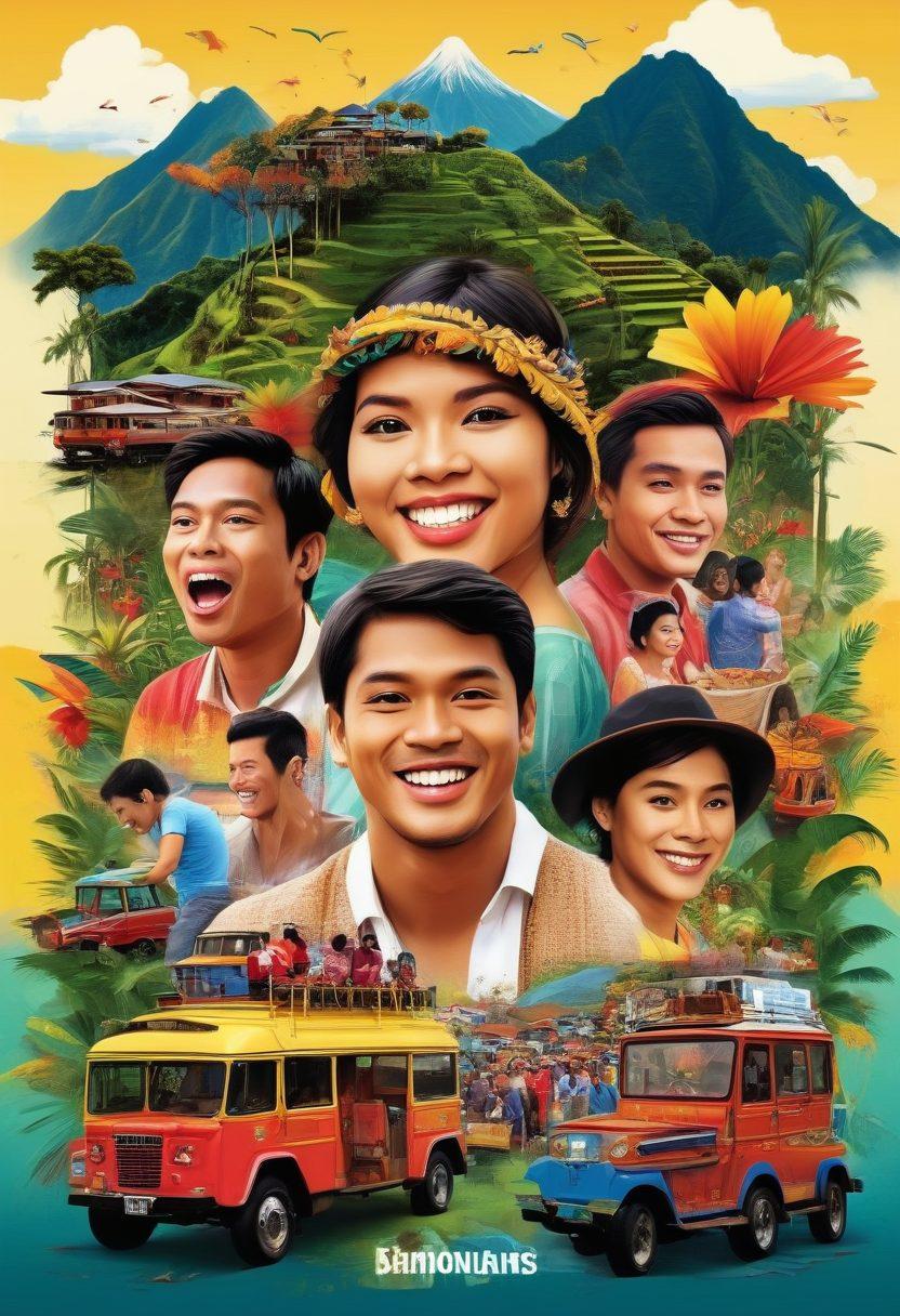 A colorful, dynamic collage featuring popular elements of Pinoy entertainment such as a smiling celebrity, trending TV shows, music icons, and vibrant festival scenes. The background should include iconic Philippine landmarks like the Banaue Rice Terraces and jeepneys. Incorporate playful typography displaying the blog title 'Stay Updated.' The overall aesthetic should feel lively and modern, appealing to a youthful audience. vibrant colors. vector art.