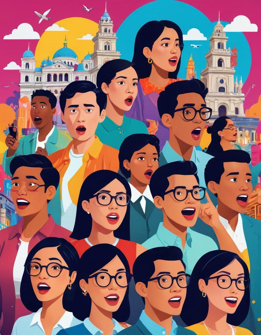 A colorful collage featuring a group of diverse people engaged in animated conversation, with exaggerated expressions of surprise and intrigue. In the background, iconic Philippine landmarks and digital elements like social media icons and gossip headlines merge. The scene is lively, depicting the essence of online chatter and drama. vibrant colors. cartoon style. graphic design.